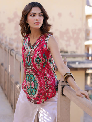 Fuchsia Ethnic Motif Print Lace Top