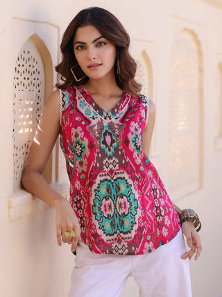 Fuchsia Ethnic Motif Print Lace Top