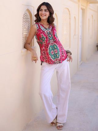 Fuchsia Ethnic Motif Print Lace Top