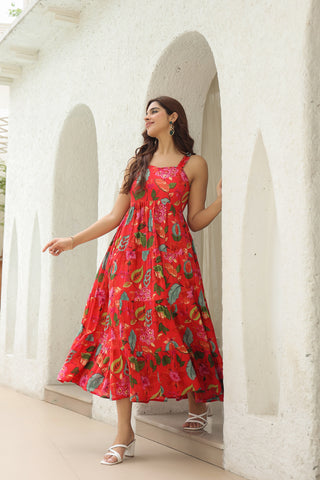 Women's Floral Printed Fit & Flare Midi Ethnic Dresses