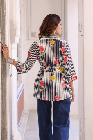 Women Vertical Striped Spread Collar Pure Cotton Casual Shirt