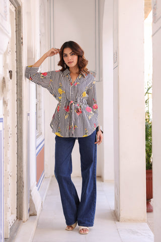 Women Vertical Striped Spread Collar Pure Cotton Casual Shirt