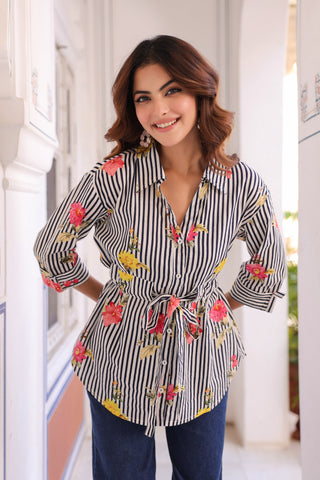 Women Vertical Striped Spread Collar Pure Cotton Casual Shirt