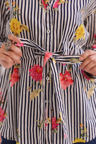 Women Vertical Striped Spread Collar Pure Cotton Casual Shirt