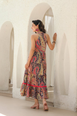 Paisley Printed Pure Cotton Fit & Flare Maxi Ethnic Dresses