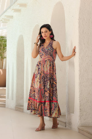 Paisley Printed Pure Cotton Fit & Flare Maxi Ethnic Dresses