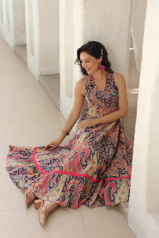 Paisley Printed Pure Cotton Fit & Flare Maxi Ethnic Dresses