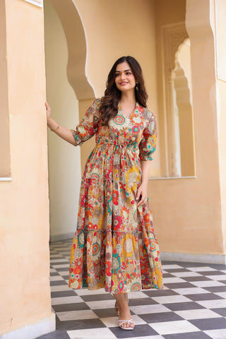 Women Floral Printed V-Neck Pure Cotton Ethnic Dresses