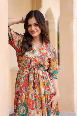 Women Floral Printed V-Neck Pure Cotton Ethnic Dresses
