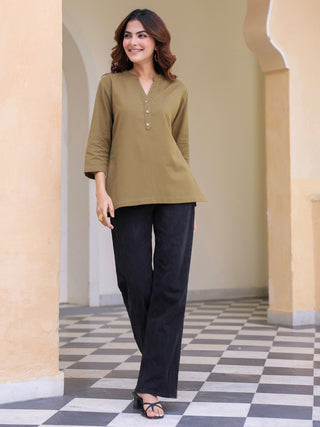 Women Mandarin Collar Cotton Regular Top