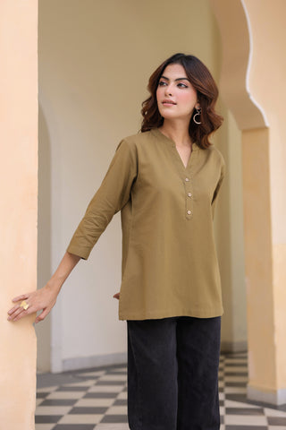 Women Mandarin Collar Cotton Regular Top