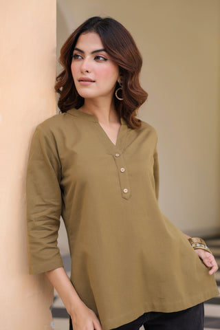 Women Mandarin Collar Cotton Regular Top