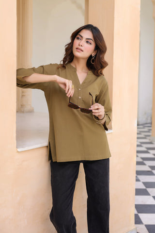 Women Mandarin Collar Cotton Regular Top