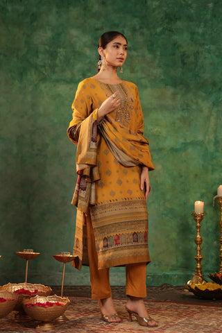 Ethnic Motifs Printed Straight Sequinned Kurta with Trousers & Dupatta