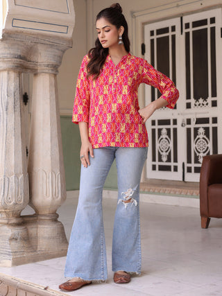 Women Printed Mandarin Collar Cotton Top