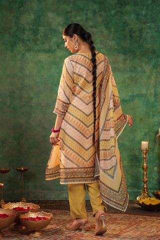 Printed Beads and Stones Straight Kurta with Trousers & Dupatta