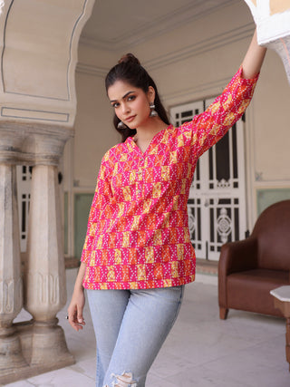 Women Printed Mandarin Collar Cotton Top