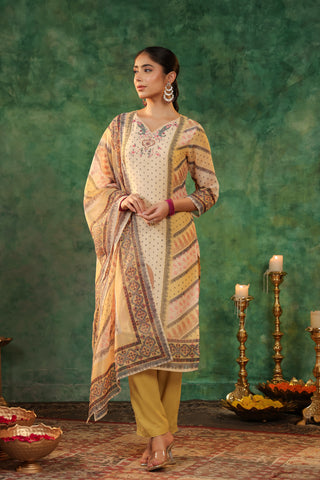 Printed Beads and Stones Straight Kurta with Trousers & Dupatta