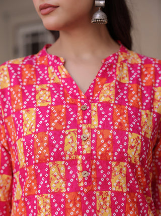 Women Printed Mandarin Collar Cotton Top