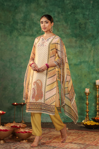 Printed Beads and Stones Straight Kurta with Trousers & Dupatta