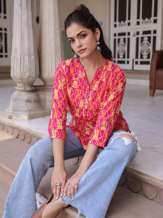 Women Printed Mandarin Collar Cotton Top