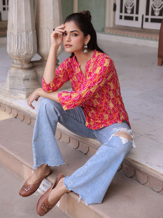 Women Printed Mandarin Collar Cotton Top