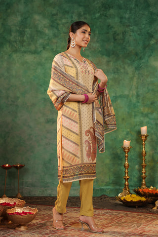 Printed Beads and Stones Straight Kurta with Trousers & Dupatta