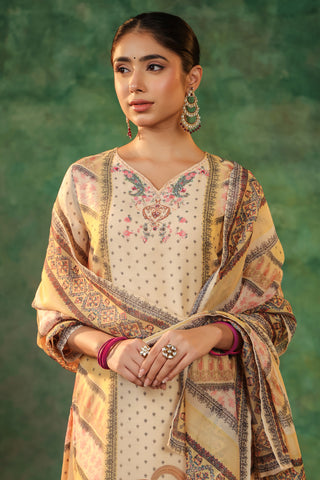 Printed Beads and Stones Straight Kurta with Trousers & Dupatta