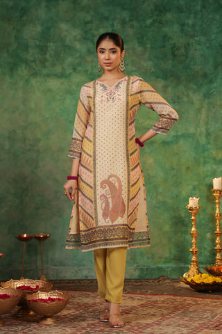 Printed Beads and Stones Straight Kurta with Trousers & Dupatta