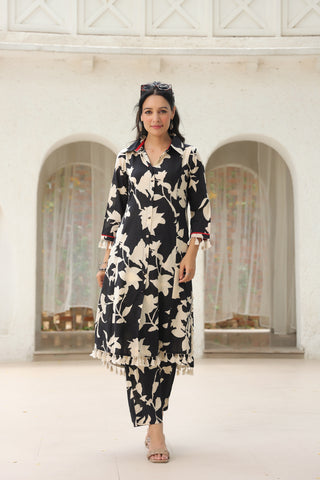 Floral Printed Shirt Collar Pure Cotton Tunic With Trousers