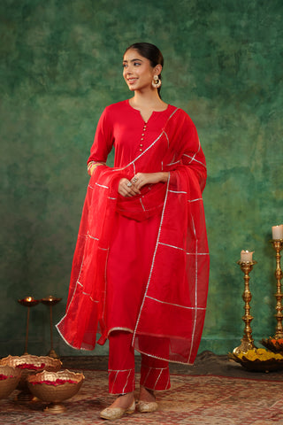 Round Neck Gotta Patti Kurta With Trousers & Dupatta