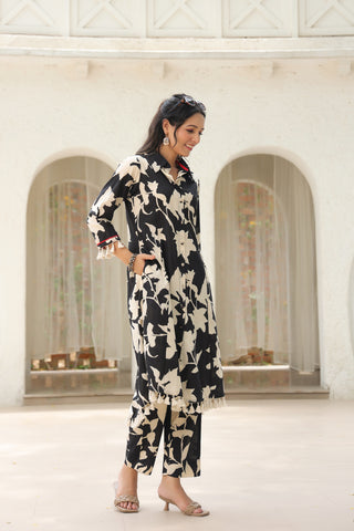 Floral Printed Shirt Collar Pure Cotton Tunic With Trousers