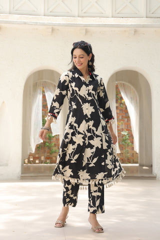 Floral Printed Shirt Collar Pure Cotton Tunic With Trousers