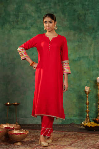 Round Neck Gotta Patti Kurta With Trousers & Dupatta