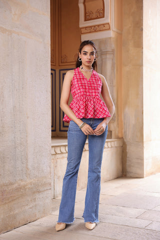 Women Printed V-Neck Cotton Peplum Top