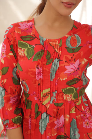 red floral round neck tunic