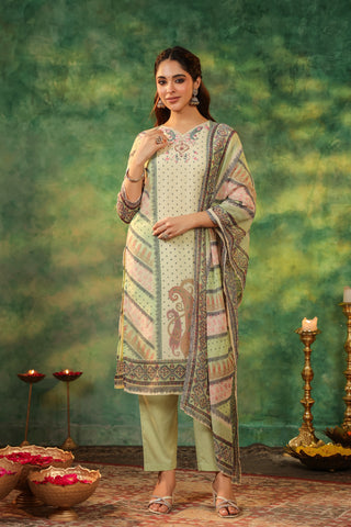 Ethnic Motifs Printed Sequinned Straight Kurta With Trouser & Dupatta