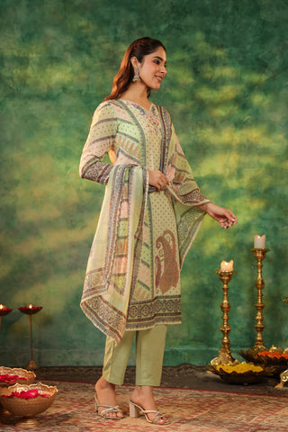 Ethnic Motifs Printed Sequinned Straight Kurta With Trouser & Dupatta