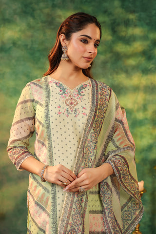 Ethnic Motifs Printed Sequinned Straight Kurta With Trouser & Dupatta