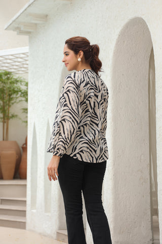 Print Mandarin Collar Puff Sleeve Cotton Shirt Style Top