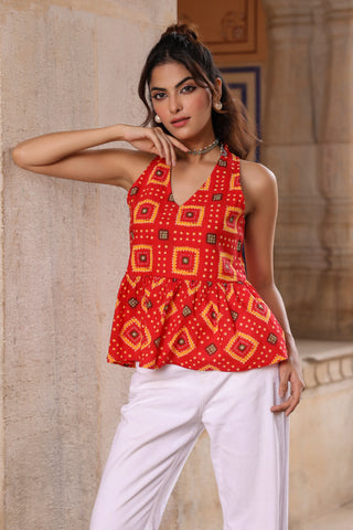 Women Printed Cotton Sleeveless Peplum Top