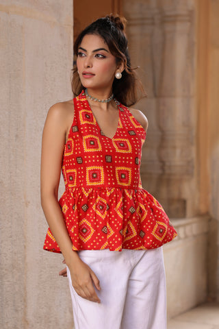 Women Printed Cotton Sleeveless Peplum Top
