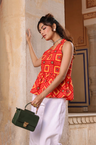 Women Printed Cotton Sleeveless Peplum Top