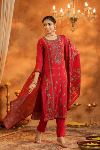 Ethnic Motifs Printed Straight Kurta With Trousers & Dupatta