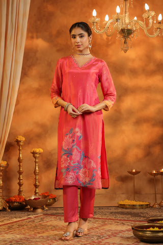 Ethnic Motifs Printed Straight Sequinned Kurta with Trousers & With Dupatta