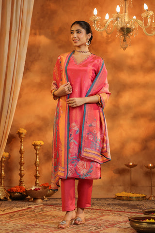 Ethnic Motifs Printed Straight Sequinned Kurta with Trousers & With Dupatta