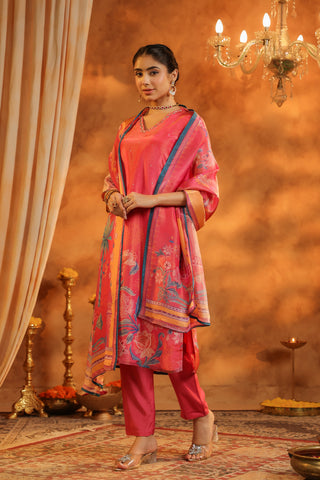 Ethnic Motifs Printed Straight Sequinned Kurta with Trousers & With Dupatta