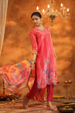 Ethnic Motifs Printed Straight Sequinned Kurta with Trousers & With Dupatta