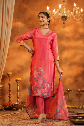 Ethnic Motifs Printed Straight Sequinned Kurta with Trousers & With Dupatta