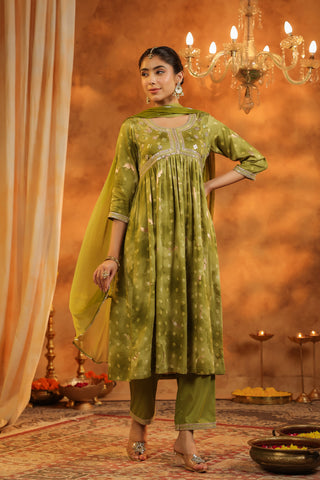 Bandhani Printed Pure Cotton Anarkali Kurta with Trousers & Dupatta